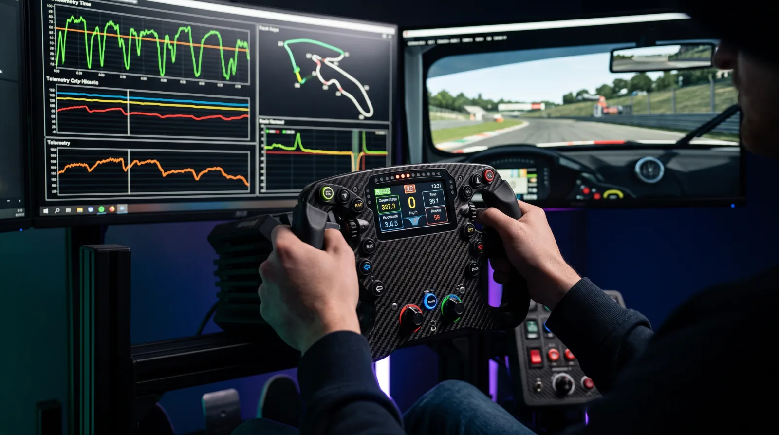 Professional Sim Racer cockpit telemetry focus with digital carbon steering wheel