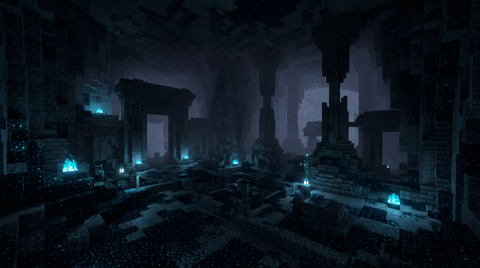 Minecraft Ancient City in the Deep Dark biome with glowing sculk blocks and soul fire Minecraft Ancient City in the Deep Dark biome with glowing sculk blocks and soul fire