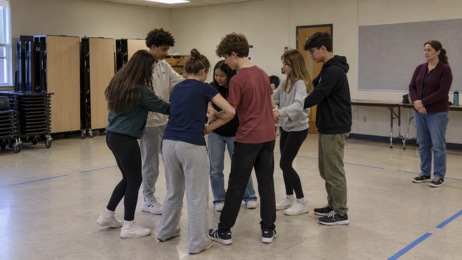 Teenagers moving between marked corners during an indoor youth group activity