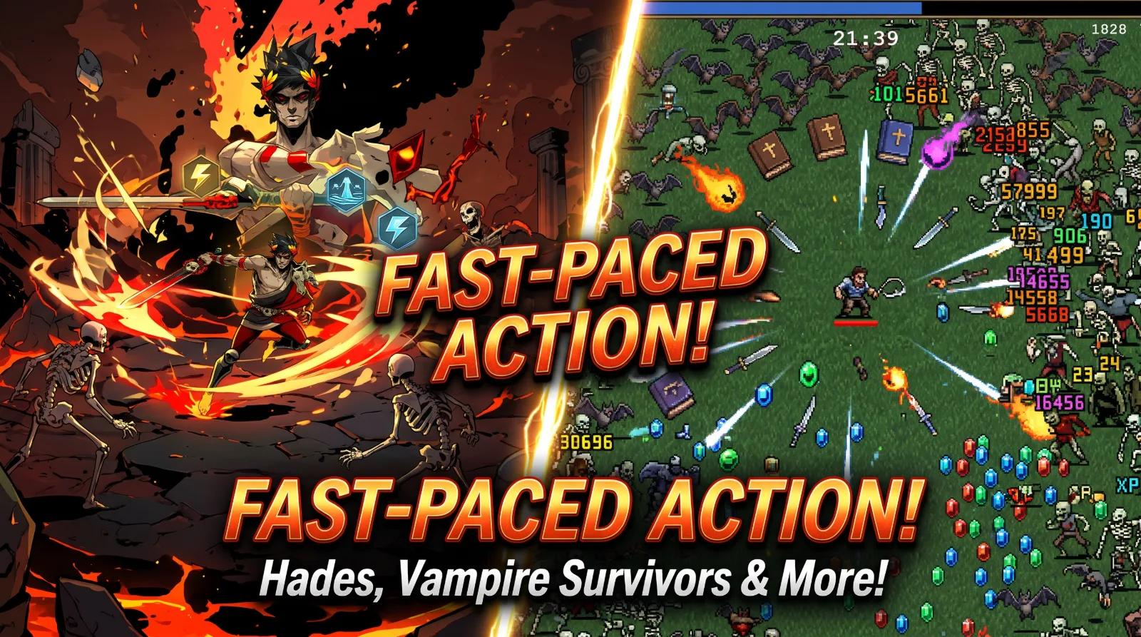 Fast action games including Hades and Vampire Survivors