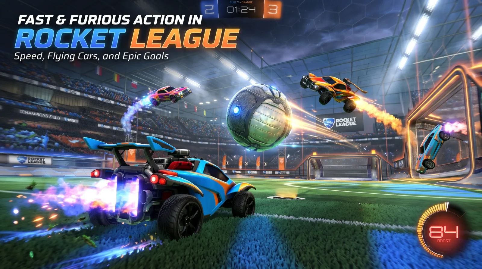 A fast Rocket League match with rocket-powered cars