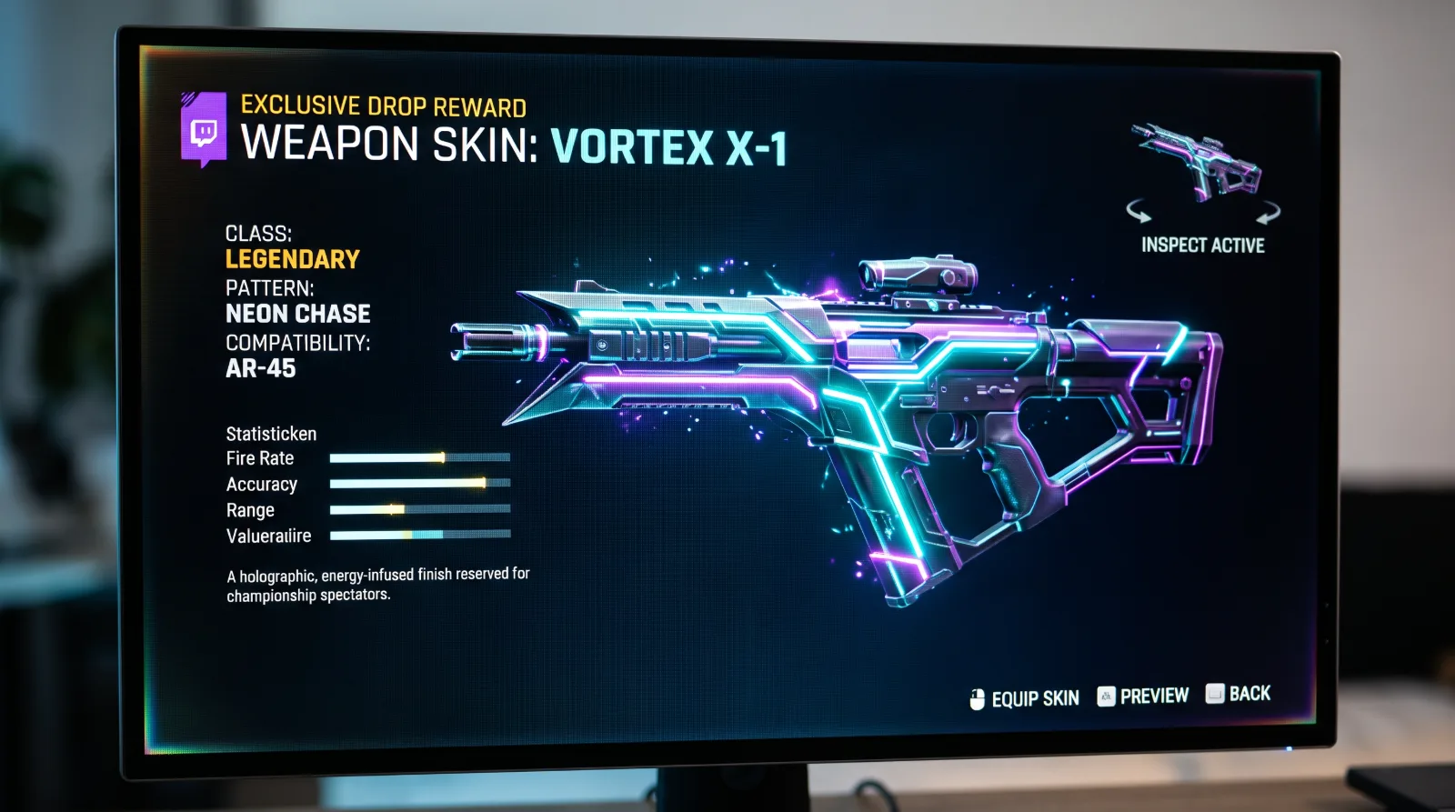 uturistische weapon skin met neon-accenten in een game-inventaris.