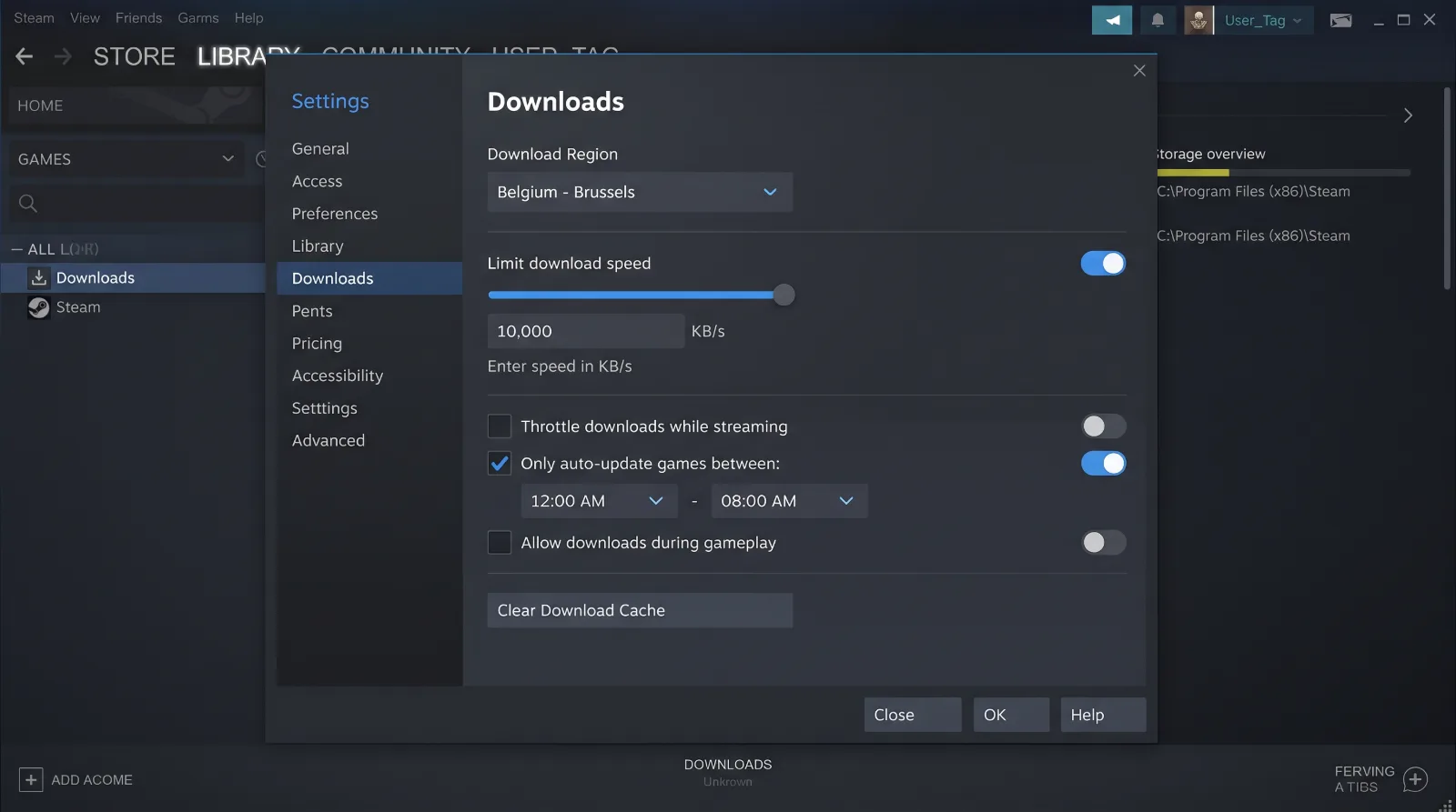 A clean, photorealistic screenshot of the Steam download settings panel showcasing region selection and bandwidth restriction toggles.`