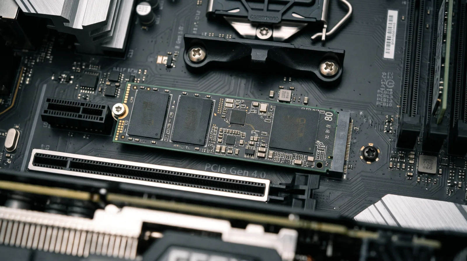 A detailed macro shot of a high-speed NVMe solid-state drive installed on a dark motherboard.`